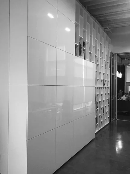 Detail of Alancraft’s dimensional white cabinetry
